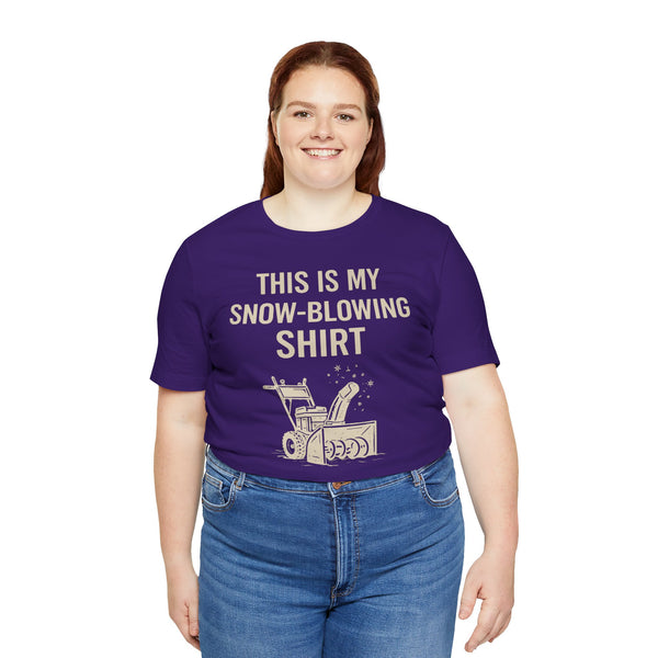 Purple crewneck short-sleeve T-shirt with snow blower graphic and “THIS IS MY SNOW-BLOWING SHIRT”