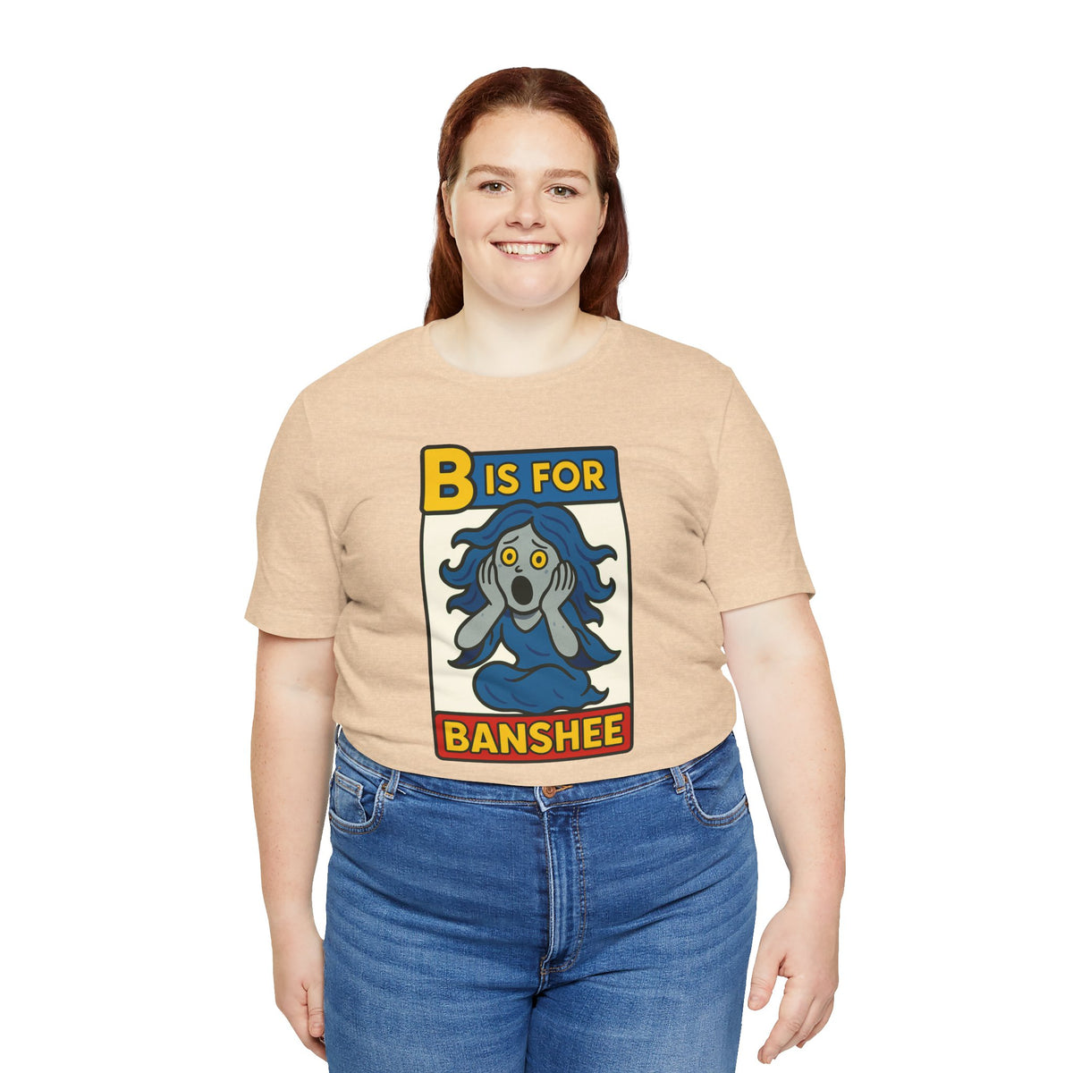 Light beige T-shirt with “B is for Banshee” front print and crew neckline