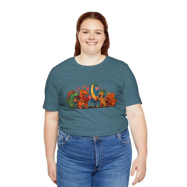 Teal dinosaur Valentines T-shirt with colorful dino scene on chest, crew neck