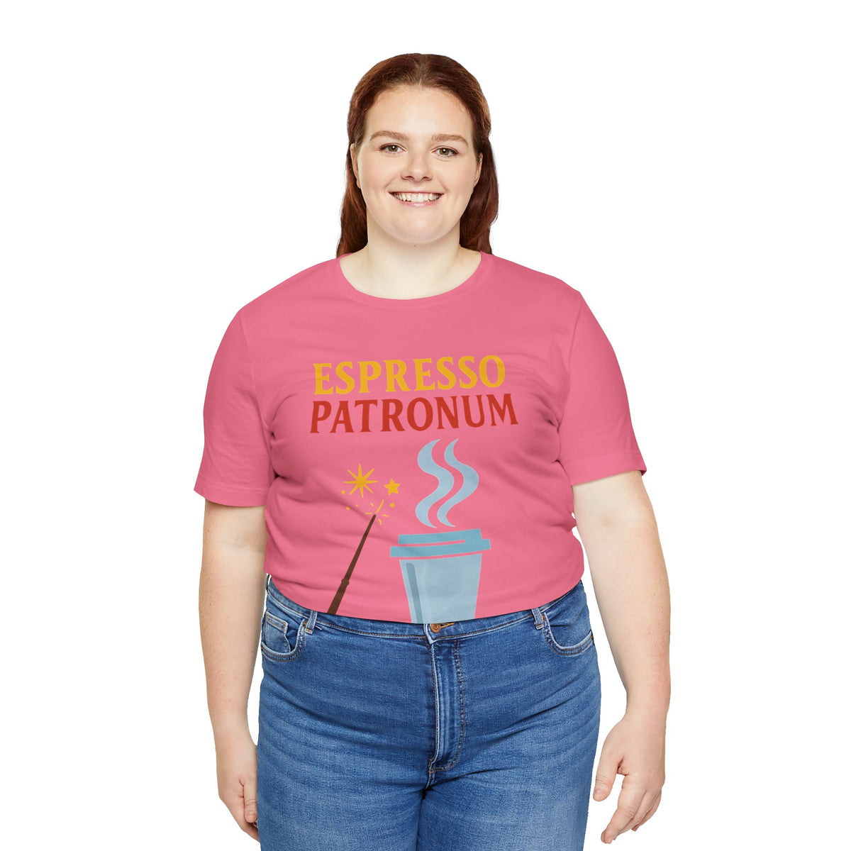 Pink crew-neck T-shirt with espresso print and coffee cup with steam