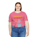 Pink crew-neck T-shirt with espresso print and coffee cup with steam