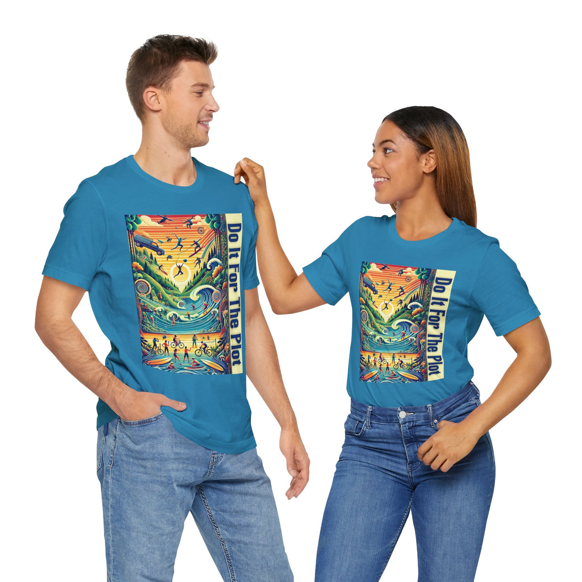 Aqua crewneck t-shirt with colorful "Do It For The Plot" graphic, styled with jeans