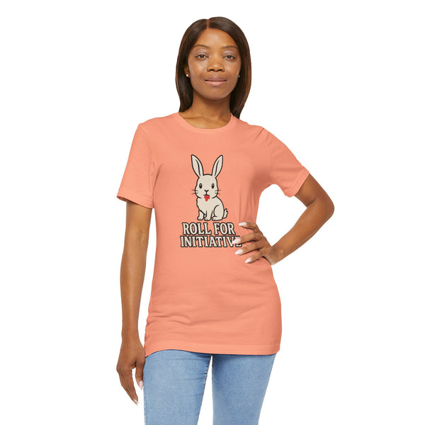 Peach crewneck T-shirt with bunny character and "Roll for Initiative" front design