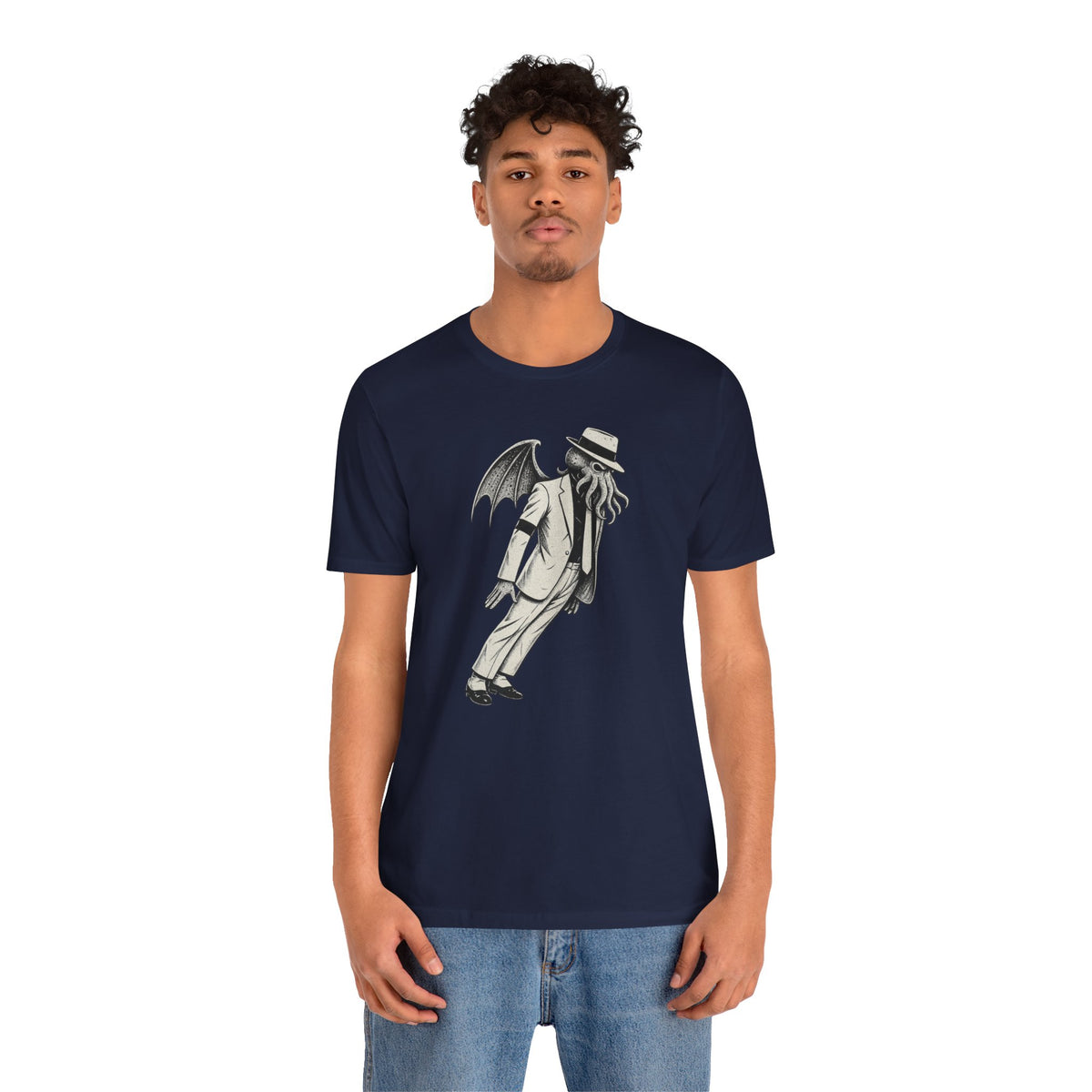 Navy short-sleeve T-shirt with front graphic character holding a top hat