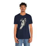 Navy short-sleeve T-shirt with front graphic character holding a top hat