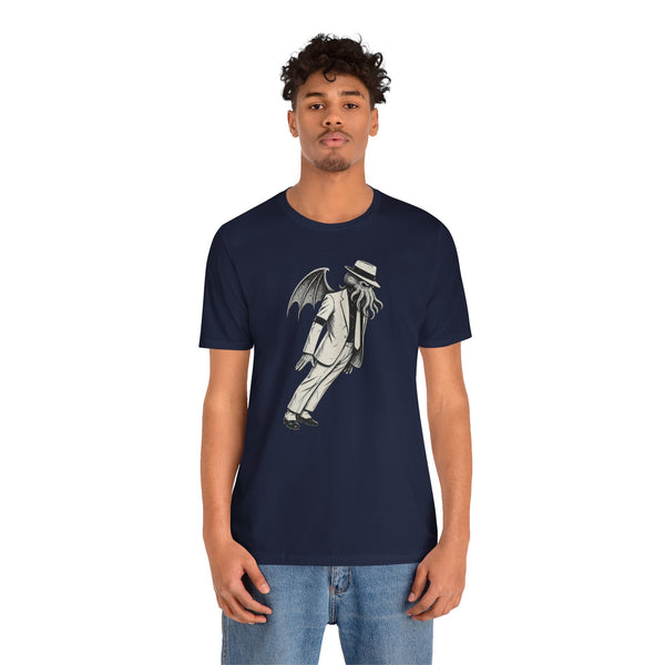 Navy short-sleeve T-shirt with front graphic character holding a top hat