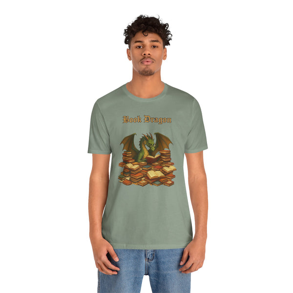 Sage green short-sleeve t-shirt with dragon reading books print on chest