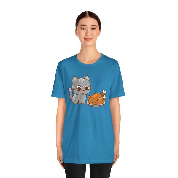 Aqua crew-neck t-shirt with cute gray cat and orange turkey print on chest