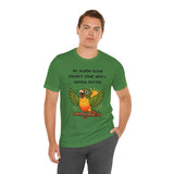 Green parrot alarm T-shirt with front bird graphic and “snooze button” lettering.