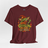 Burgundy short-sleeve crewneck T-shirt with colorful goblin-themed front graphic