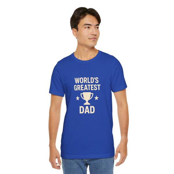 Blue crew-neck T-shirt featuring “WORLD’S GREATEST DAD” trophy graphic front