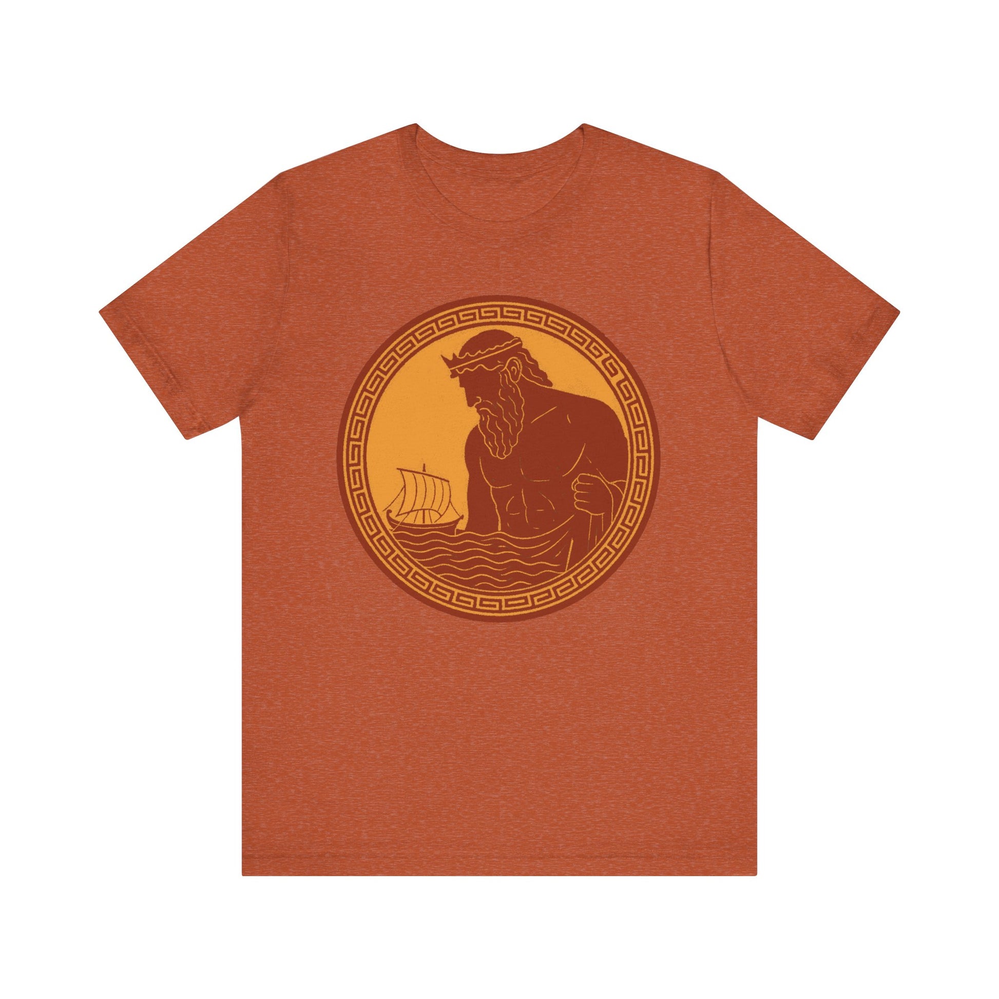 Orange Poseidon Epic T shirt from WhimSpin. This shirt features an ancient greek amphora style image of Poseidon raising from the sea and looming over a boat on the waves. Image is in terracotta cotta red and golden yellow. 