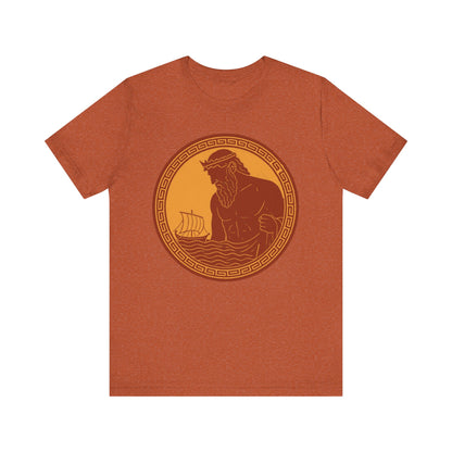 Orange Poseidon Epic T shirt from WhimSpin. This shirt features an ancient greek amphora style image of Poseidon raising from the sea and looming over a boat on the waves. Image is in terracotta cotta red and golden yellow. 