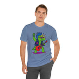 Steel blue short-sleeve crewneck T-shirt with cartoon triceratops playing a red guitar