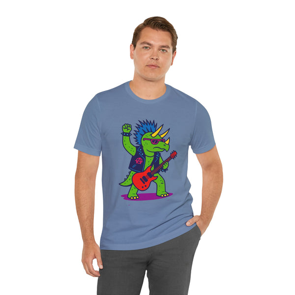 Steel blue short-sleeve crewneck T-shirt with cartoon triceratops playing a red guitar