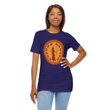 Navy crewneck T-shirt with circular orange Greek-style figure graphic on front