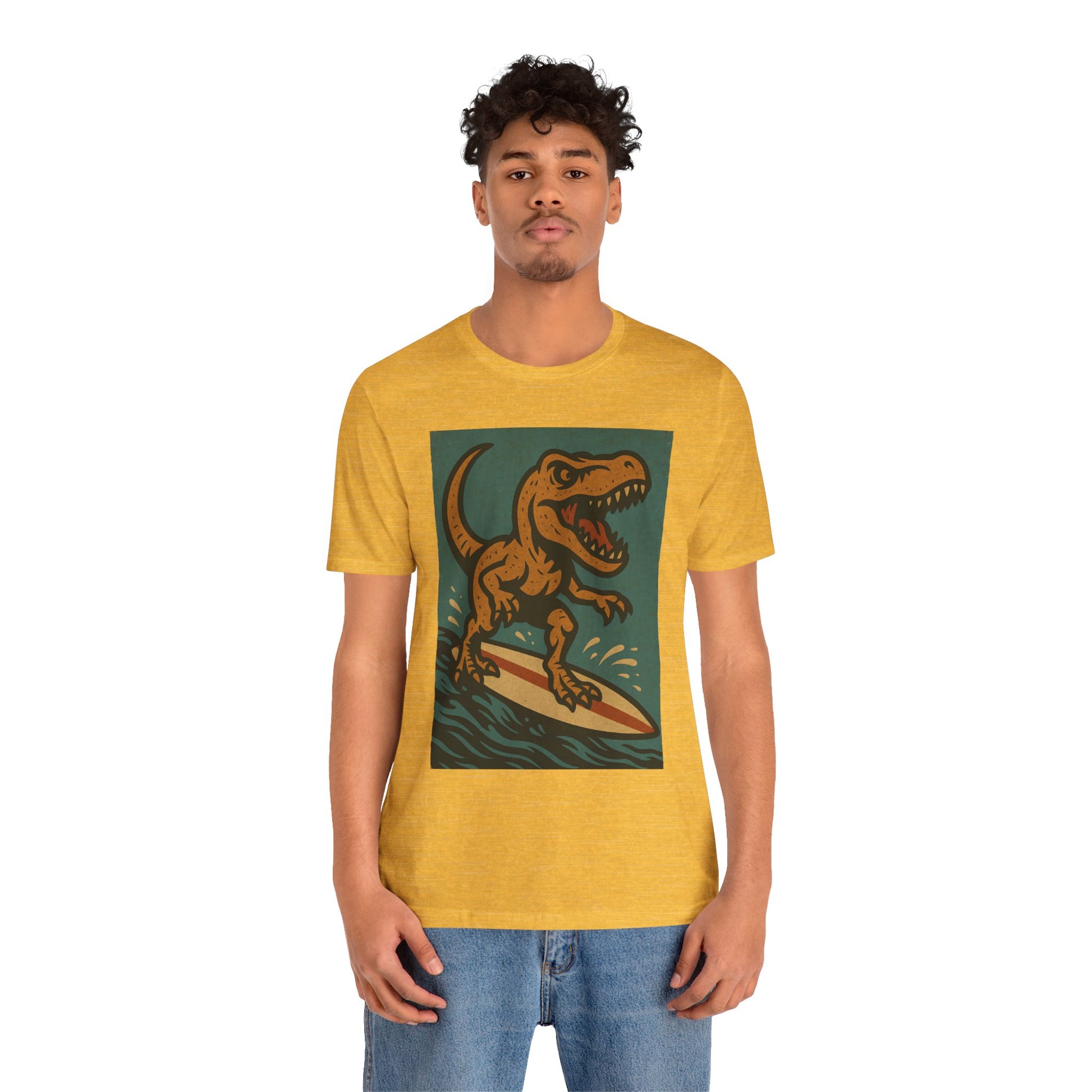 Surfing T-Rex T-Shirt – Funny Dinosaur Graphic Tee for Summer Vibes - WhimSpin - https://whimspin.com