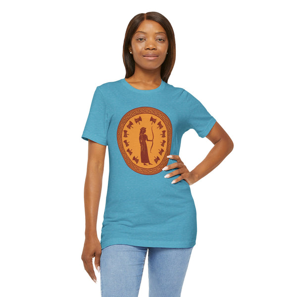 Sky blue crewneck T-shirt with large orange circular Greek-style goddess graphic, model stance