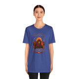 Blue crewneck t-shirt with front graphic illustration in orange and dark brown