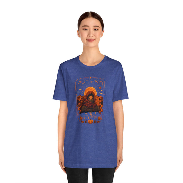 Blue crewneck t-shirt with front graphic illustration in orange and dark brown