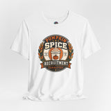 White crewneck T-shirt with Pumpkin Spice Recruitment Committee logo graphic