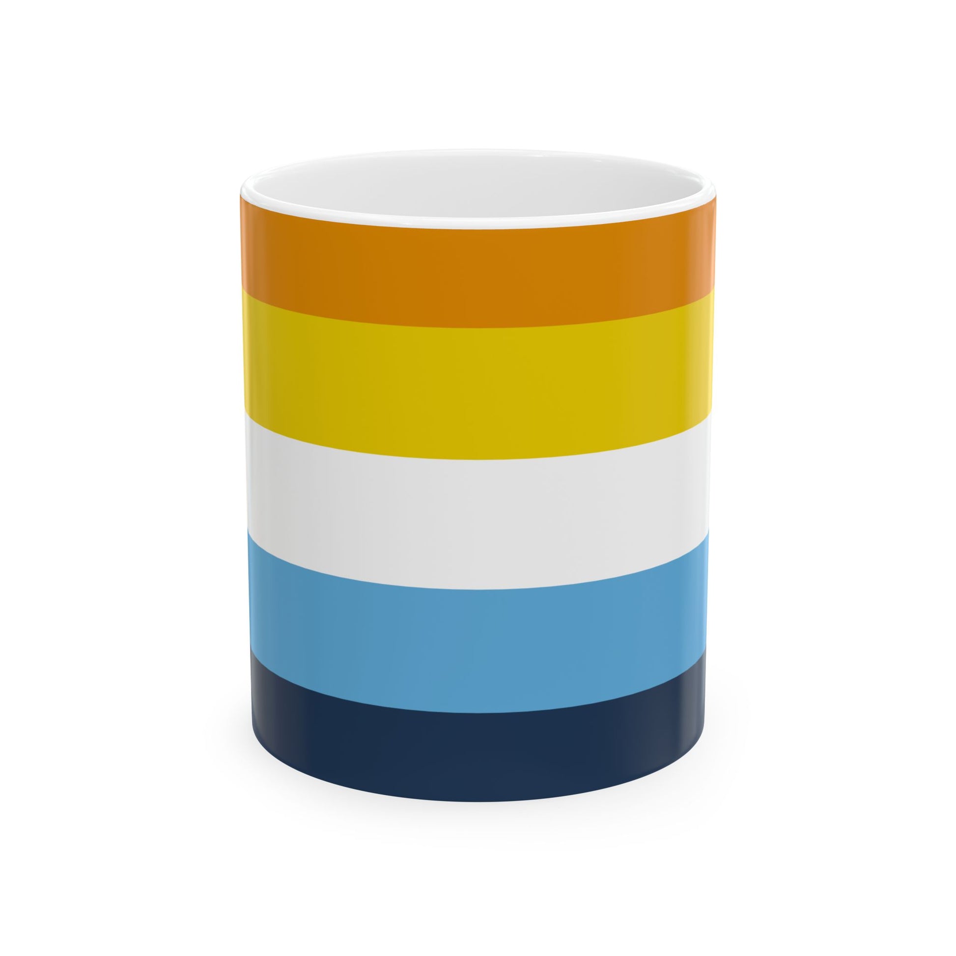 AroAce Pride Flag Mug by WhimSpin - this ceramic mug has colored striped from top to bottom as follows: orange, yellow/gold, white, blue, and navy 11oz size