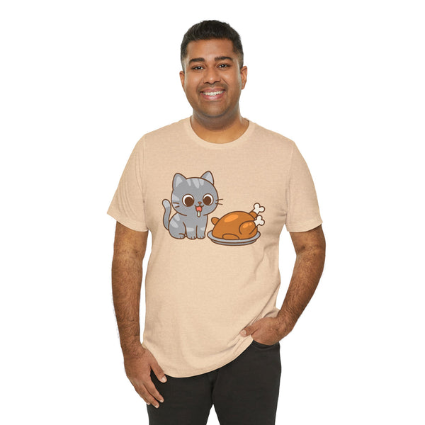 Tan crewneck cat and turkey graphic t-shirt, short sleeves, front view