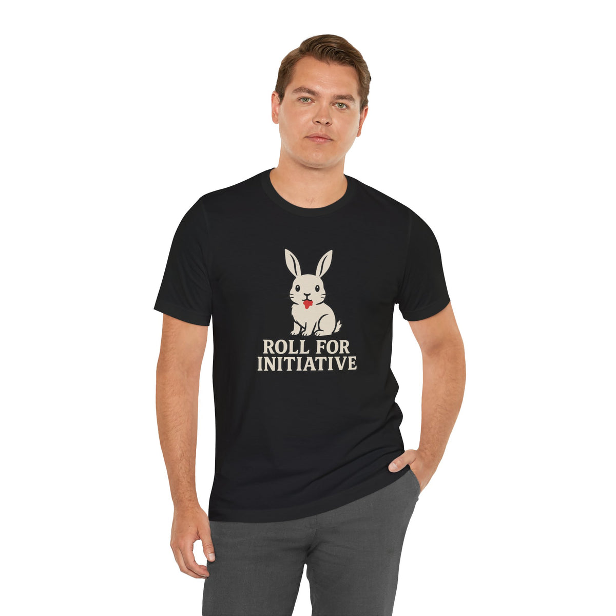 Black crew-neck t-shirt with bunny illustration and “Roll for Initiative” slogan.