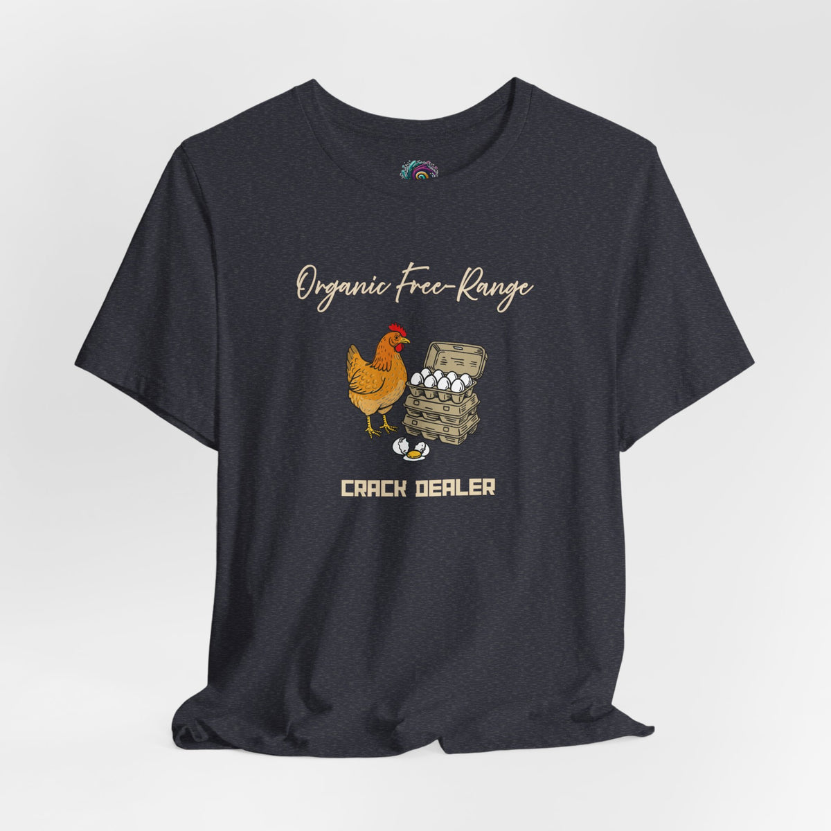 Dark gray graphic chicken farm T-shirt with cracked dealer text and hen illustration