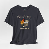 Dark gray graphic chicken farm T-shirt with cracked dealer text and hen illustration