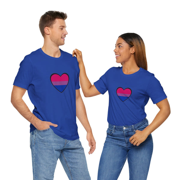 Royal blue T-shirt with bisexual pride heart graphic for couples