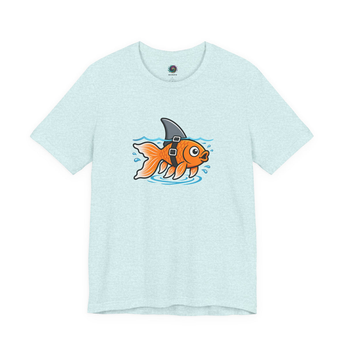 Light blue T-shirt with cartoon goldfish-and-shark graphic on the chest