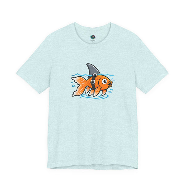 Light blue T-shirt with cartoon goldfish-and-shark graphic on the chest