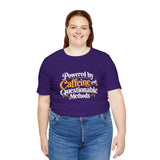 Purple crew-neck graphic T-shirt on model, Caffeine and Questionable Methods chest text
