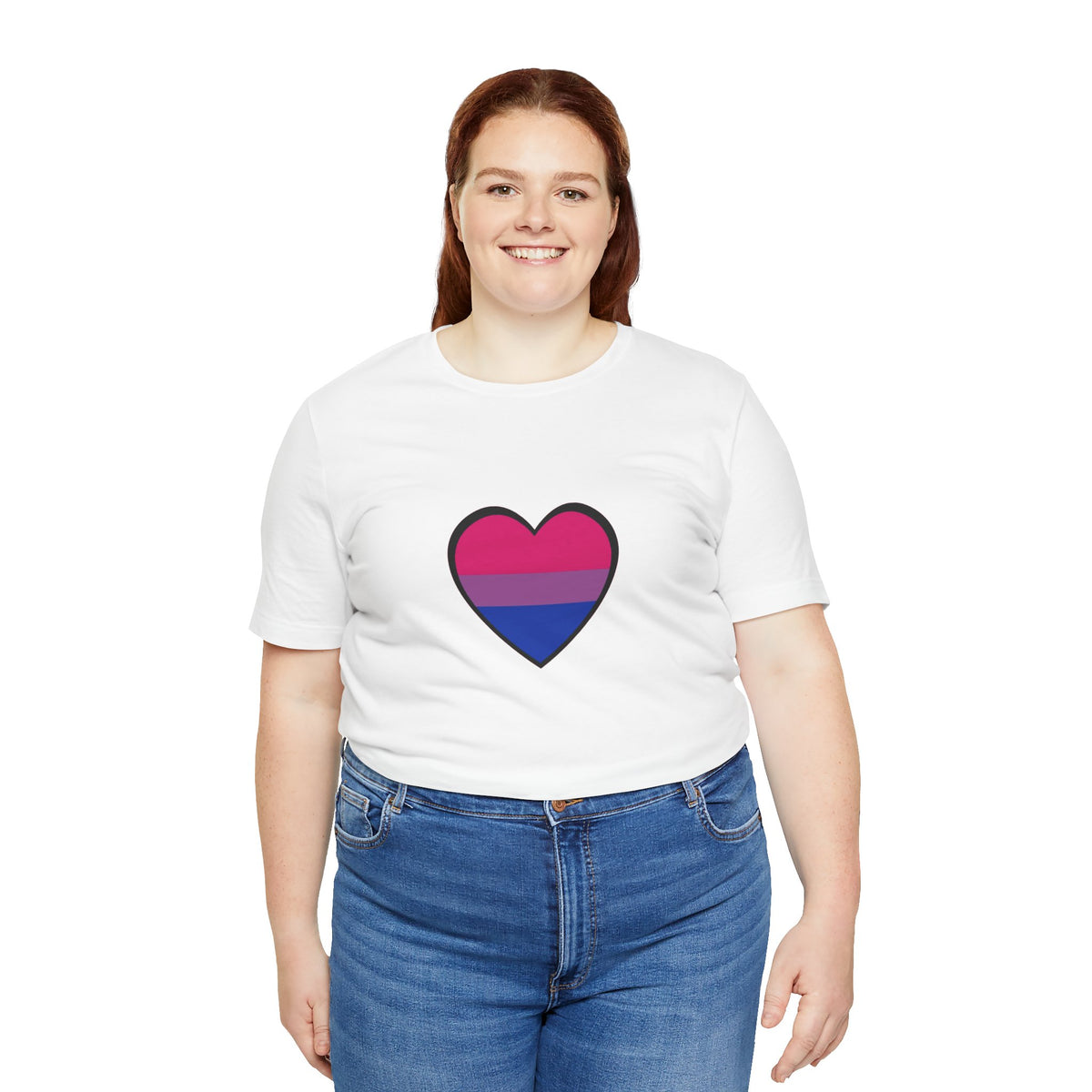 White T-shirt with a bisexual pride flag heart graphic on the front, short sleeves.