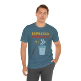 Teal heather crew-neck T-shirt with ESPRESSO PATRONUM coffee graphic, side pose