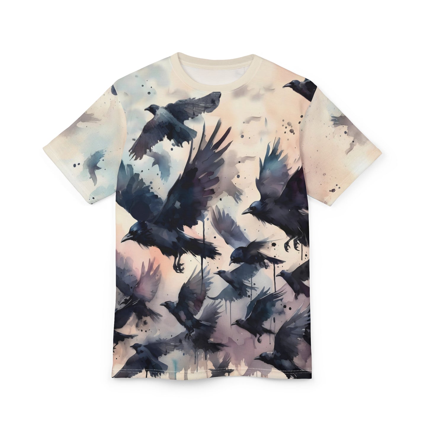 Watercolor Crow Flock T-Shirt – Gothic Raven Flight All-Over Art Tee