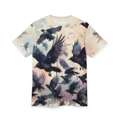 Watercolor Crow Flock T-Shirt – Gothic Raven Flight All-Over Art Tee