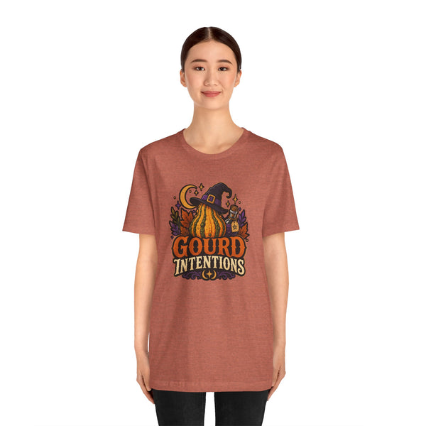 Rust orange unisex t-shirt with witch hat pumpkin graphic and “Gourd Intentions” wording