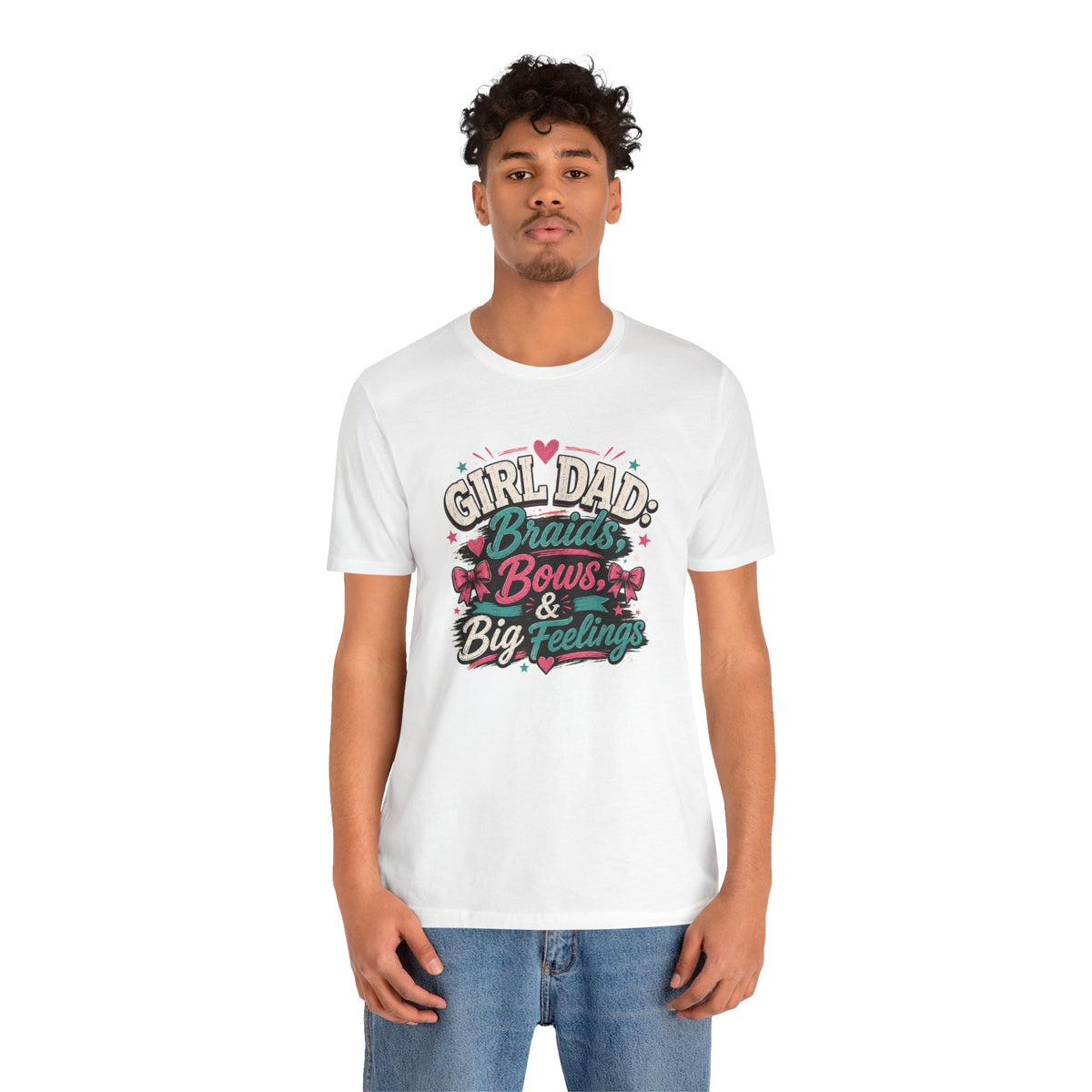 White crewneck t-shirt with 'GIRL DAD Braid Bows & Big Feelings' graphic, model wearing