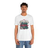 White crewneck t-shirt with 'GIRL DAD Braid Bows & Big Feelings' graphic, model wearing
