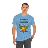Blue parrot graphic alarm clock T-shirt on male model, conure on a perch with text
