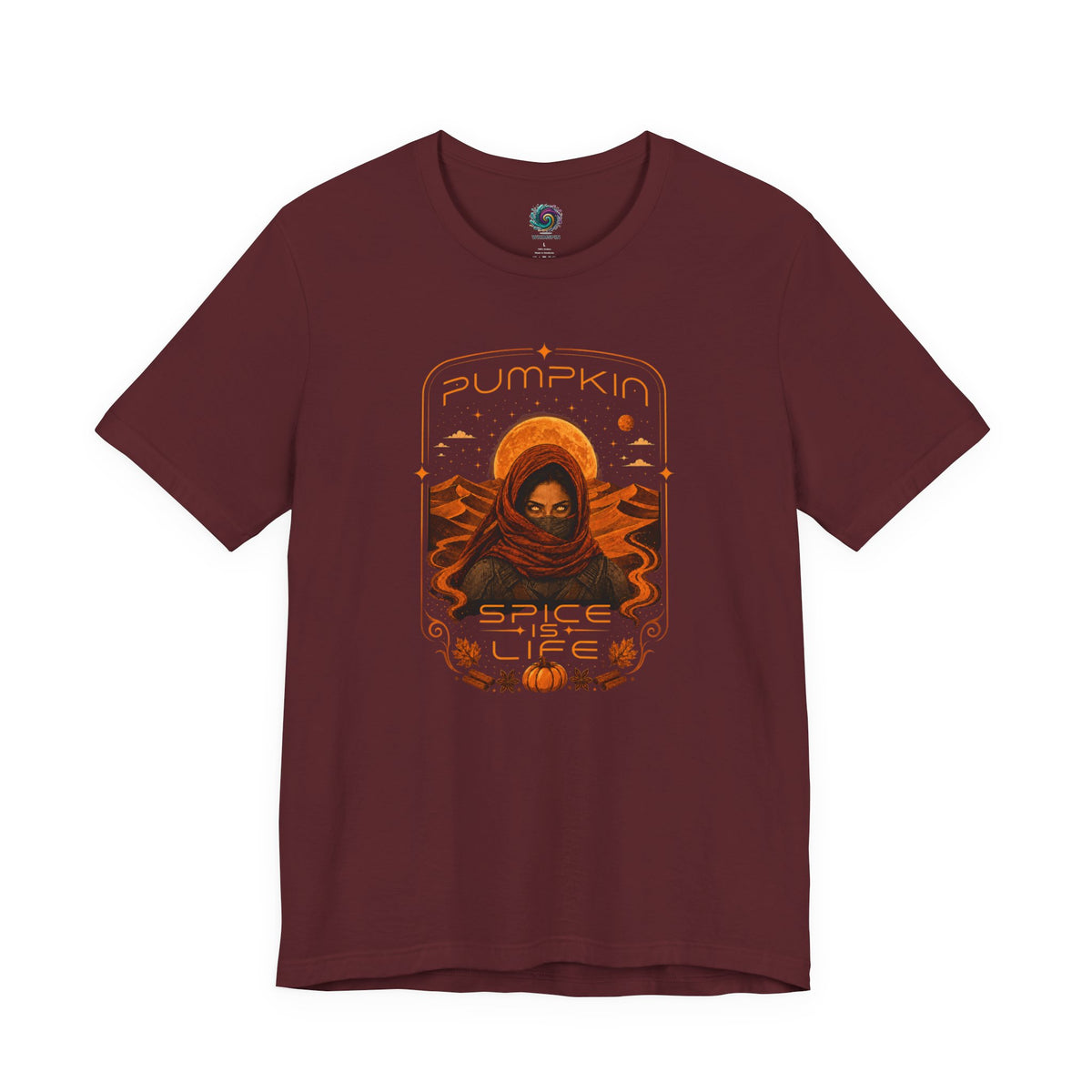 Maroon crewneck T-shirt with orange pumpkin sci-fi face graphic on the front