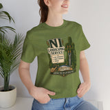 Olive green crew-neck T-shirt with front graphic print and short sleeves on a female model
