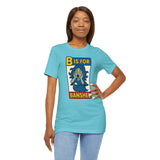 Turquoise crew-neck T-shirt with front B is for Banshee graphic, short sleeves