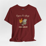 Maroon crew-neck T-shirt with chicken and egg graphic and “CRACK DEALER” text