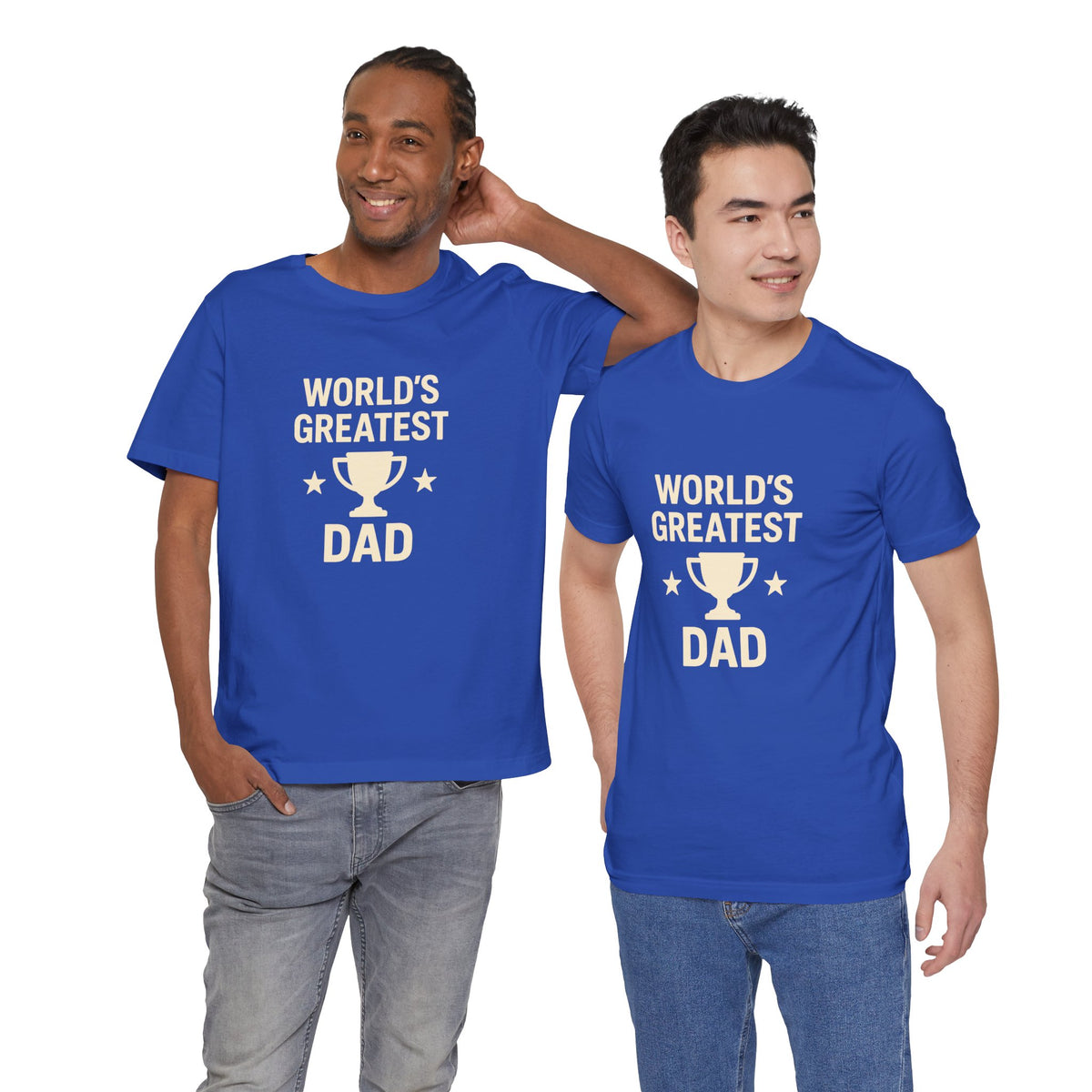 Blue crew-neck T-shirt with “World’s Greatest Dad” trophy and stars graphic