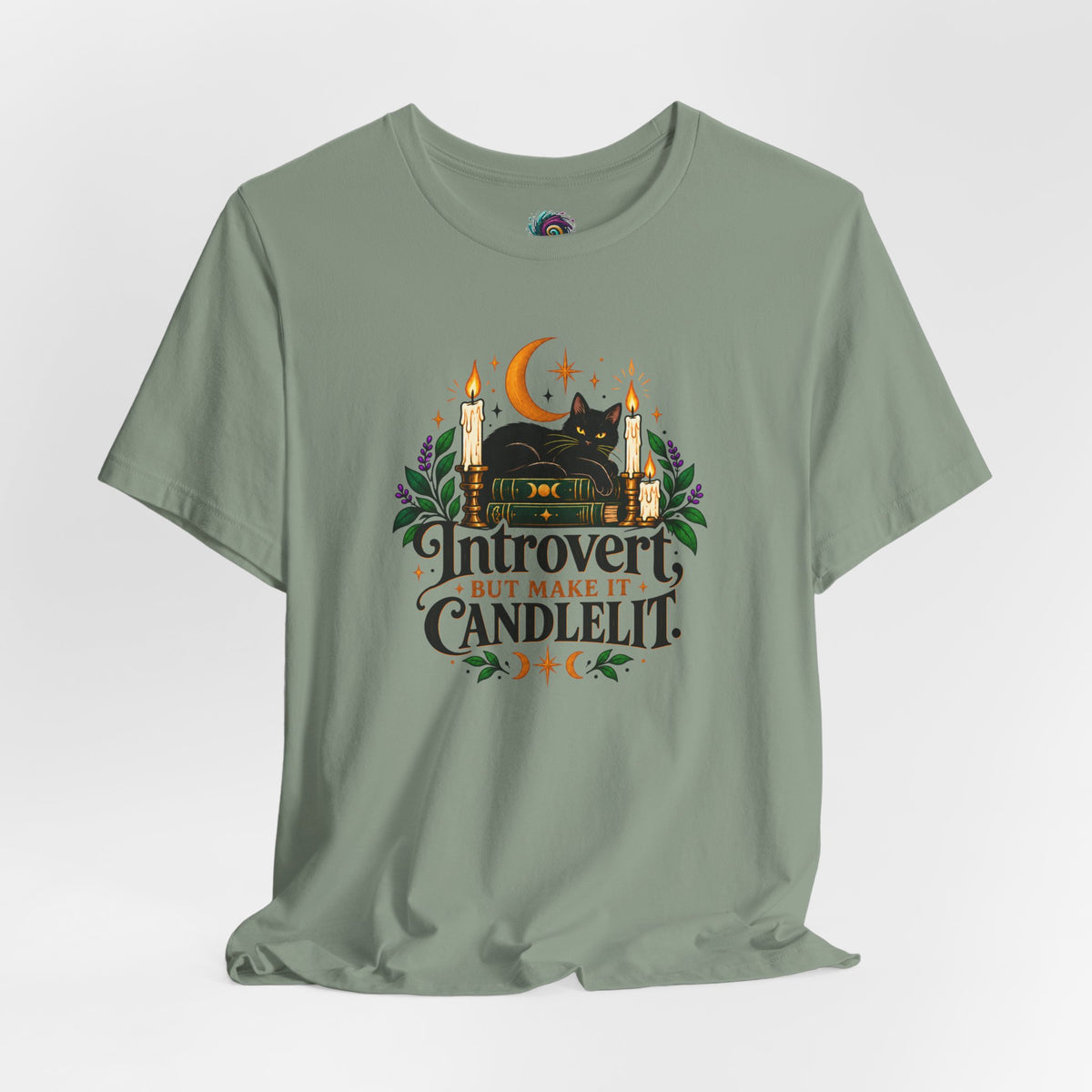 Introvert But Make It Candlelit T-shirt - Witchy Bookish Cat Tee