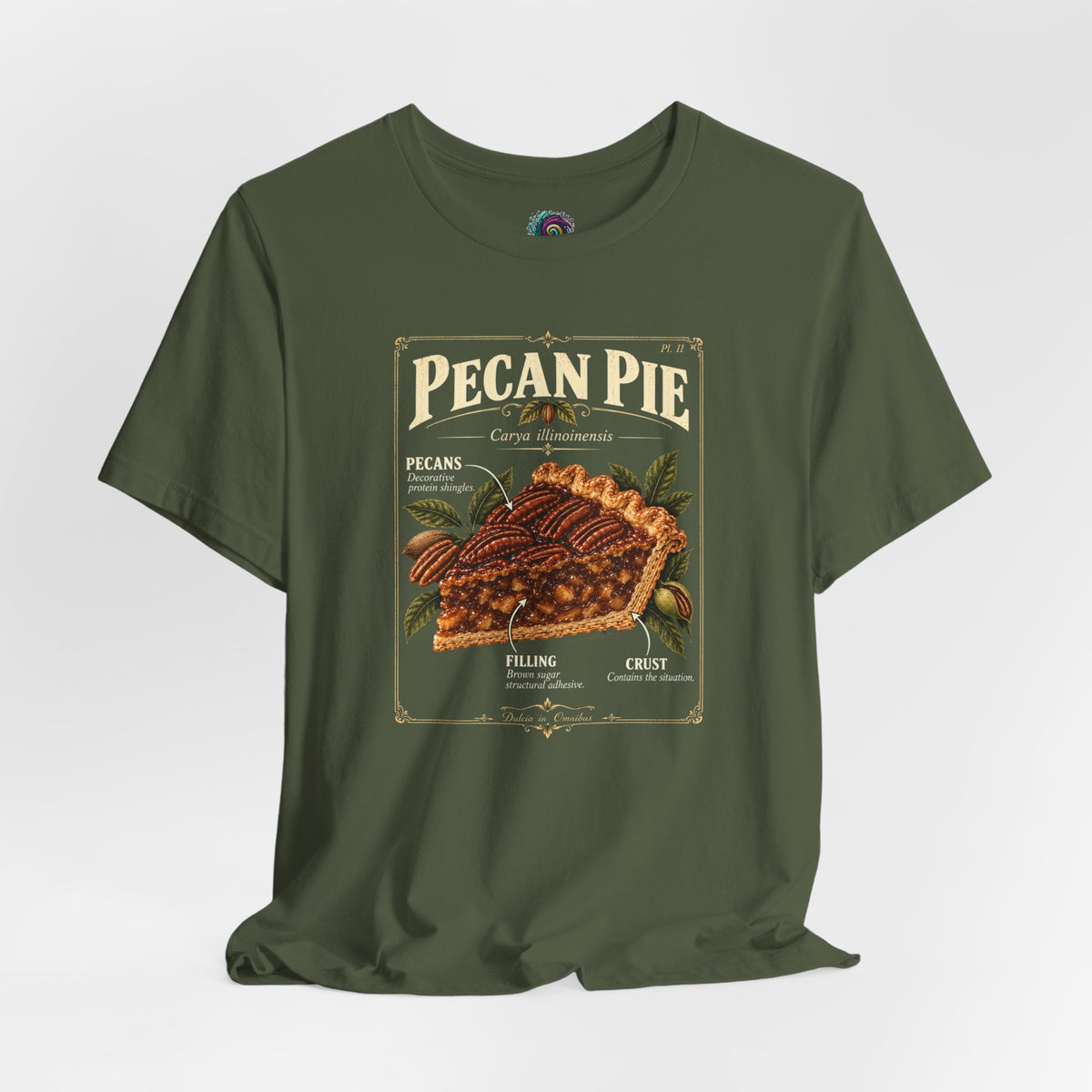Olive green T-shirt with pecan pie anatomy chart graphic on the front.