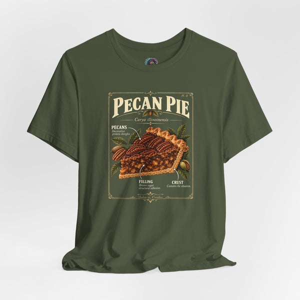 Olive green T-shirt with pecan pie anatomy chart graphic on the front.